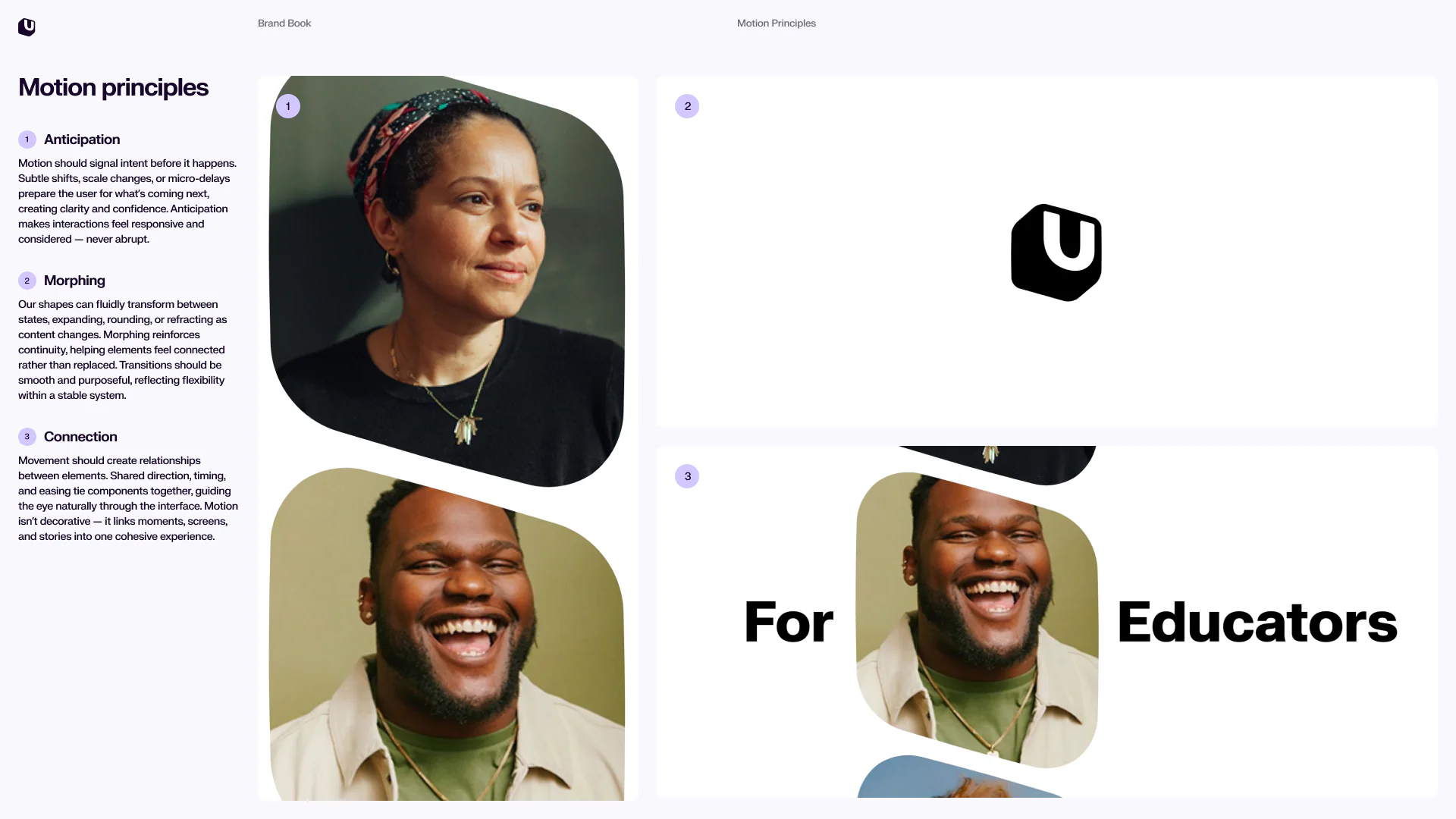 Uscreen brand book page showing motion principles and creator portraits