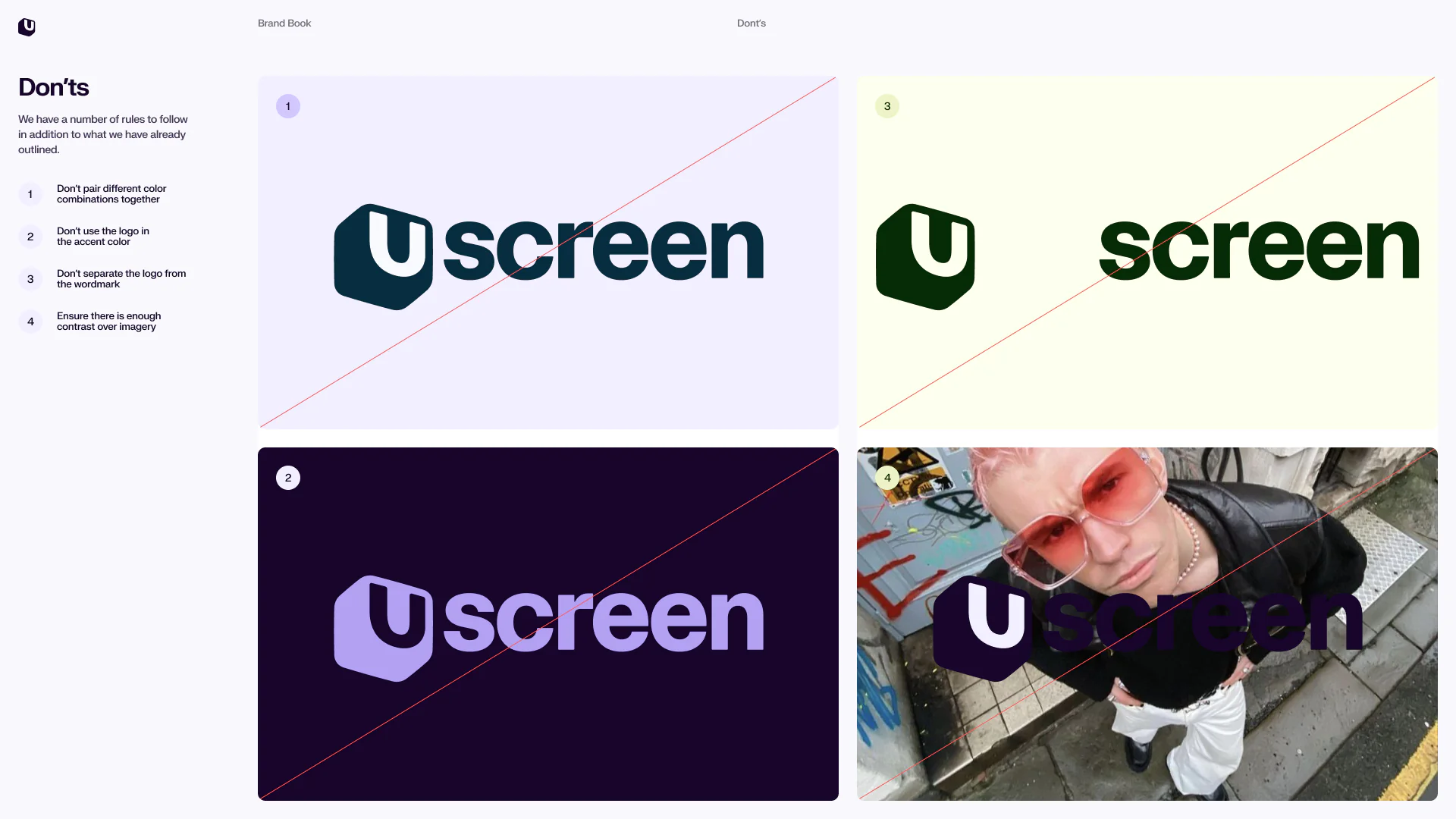 Uscreen brand book page showing incorrect logo treatments