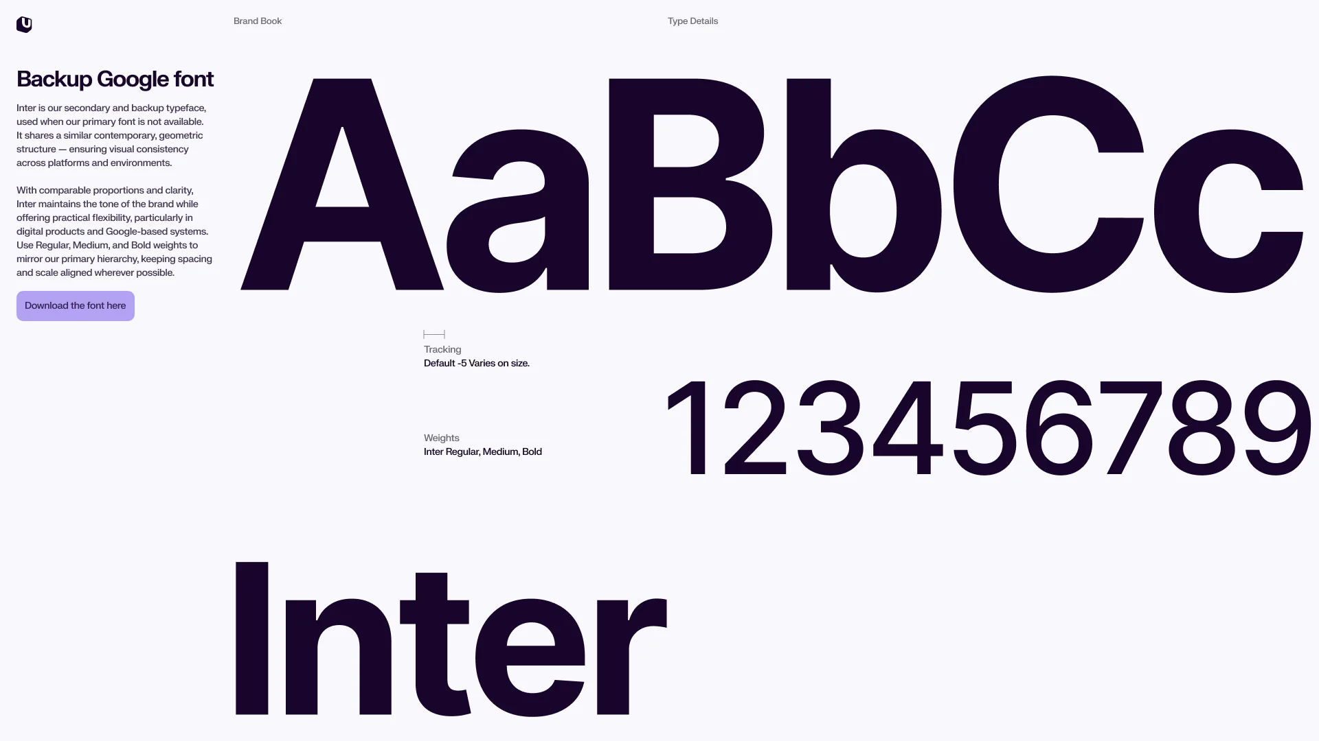Inter typography page from a brand guide