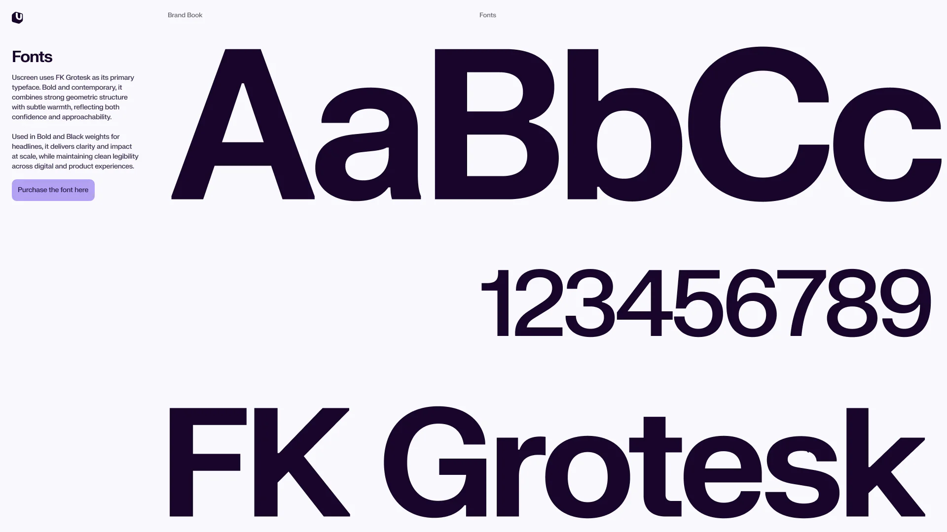 FK Grotesk typography page from a brand guide