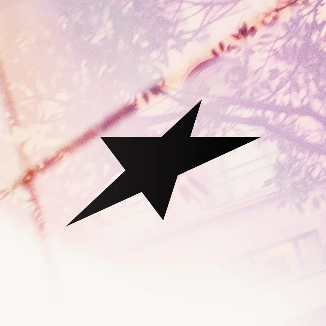 Black angular star on a pale pink textured background